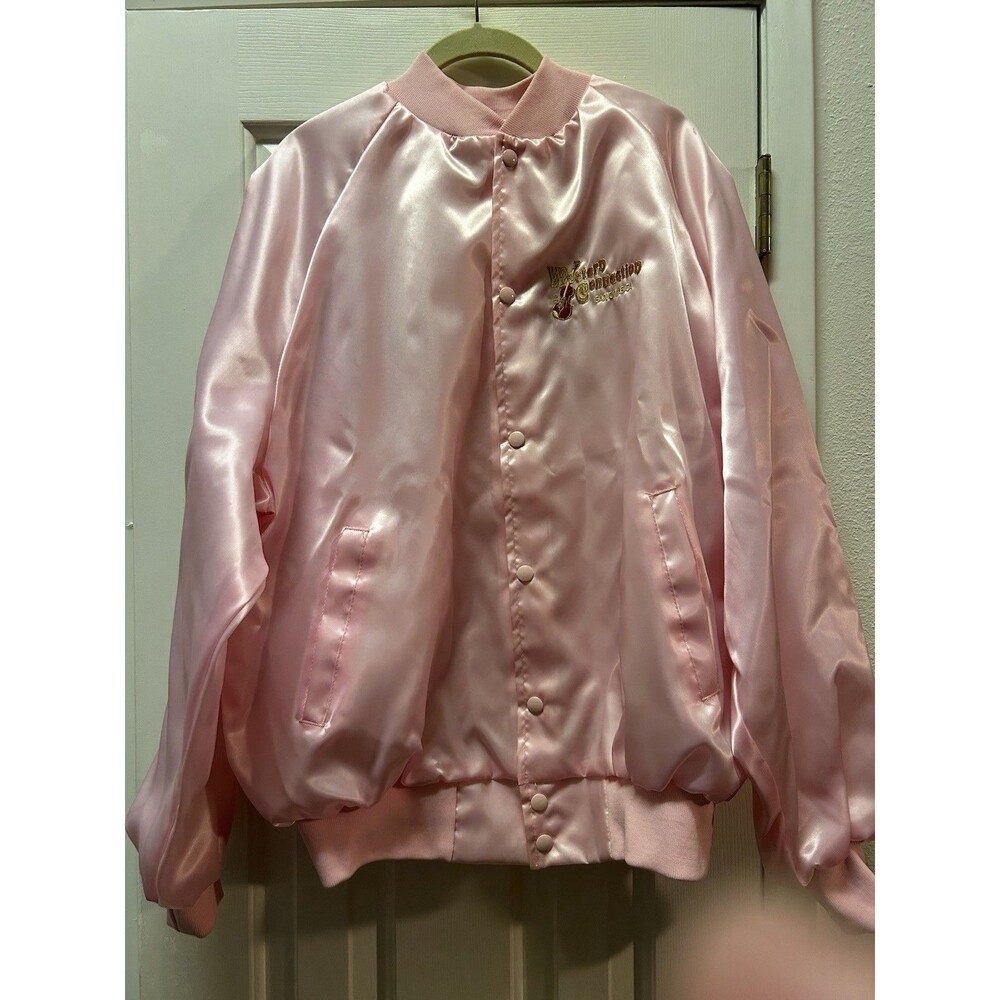 Western Connection San Dimas Calif Vintage Pink Satin Bomber Jacket USA Sz 2XL